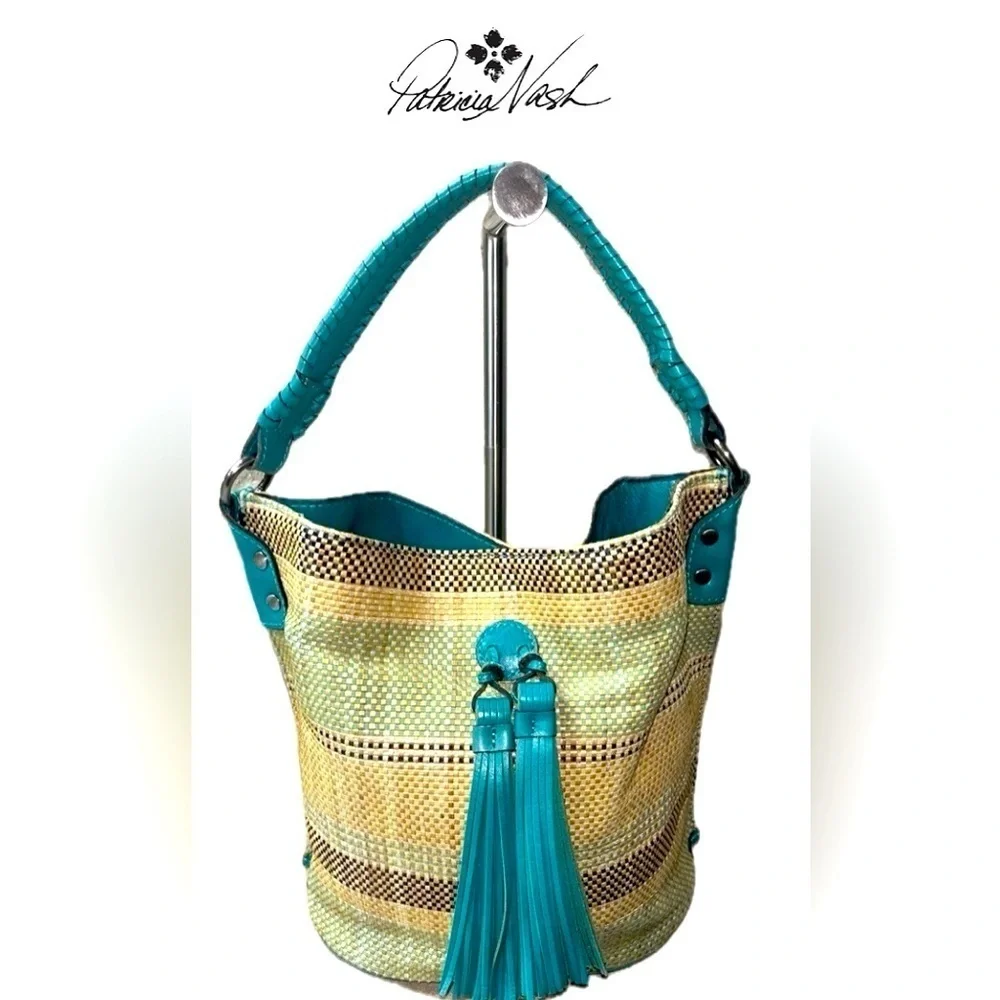 Patricia Nash Octavia Leather Blue Teal & Beige Women's Wicker Woven Tote